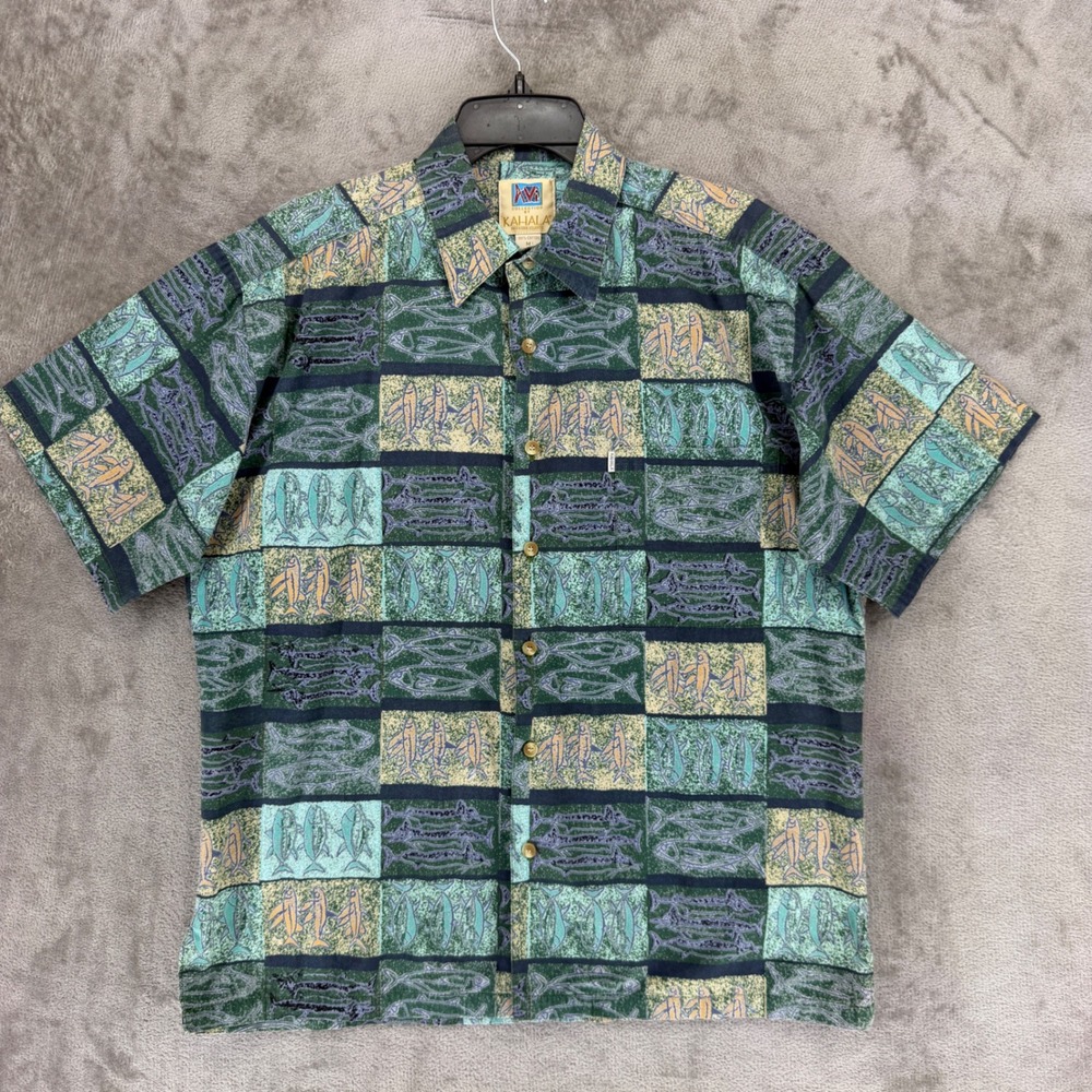 Kahala Shirt Mens Medium Green AVI Collection Fish Block Print Cotton Hawaiian